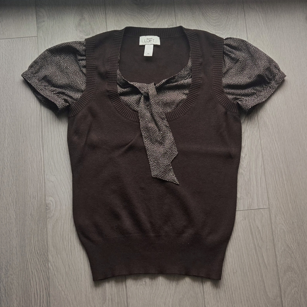 LOFT Chocolate Puff Sleeve Blouse with Tie